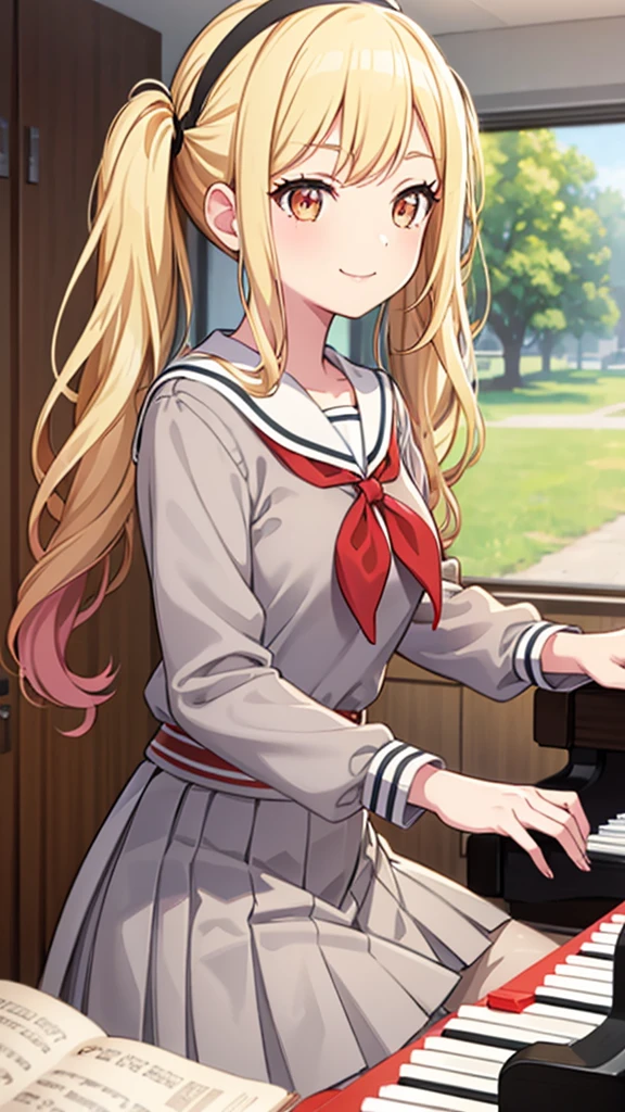 masterpiece, best quality, highres, 1girl, solo, ichigaya arisa, twintails, x hair ornament, , pleated dress, pantyhose, tenmasaki, shirt, long sleeves, twintails , sidelocks, pleated skirt, hairband, serafuku, sailor collar, side ponytail, sweater, neckerchief, eyelashes, buttons, swept bangs, wavy hair, red neckerchief,  grey skirt, white sailor collar, orange bow, happy, smile, cowbow shot, piano, sit, playing piano, piano room