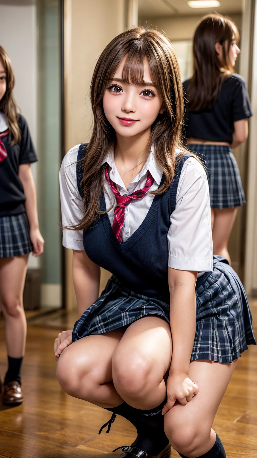 Browsing Caution, ((masterpiece)), ((highest quality)), (Very detailed), ((cute)), cute, (Multi-point), ((sexy)), (device), ((Very detailed)), 4K, (8k), highest quality, (beautiful), hyper cute face, shape, Anime Style,hyper Genuineistic, Genuine, Dynamic Angle, ((whole body)), close, Thick outline, Clear contours, at school, (Three Girls, 3 cute girls:1.5), (Schoolgirl Uniform :1.5), beautiful light brown hair, beautiful brown eyes, ((beautiful eyes)), (Leaning forward:1.5), (Under the skirt:1.5), short hair, Big Breasts, smile, nude, nipples visible, genitalia visible, not wearing bra, not wearing panties, lying on bed, viewer can see female genitalia and nipples, front, provocative smile on viewer's face, Full body figure, baby face, Bold Pose, Big breasts, Crotch open, Squatting cowgirl, Slender body, cute, Beauty