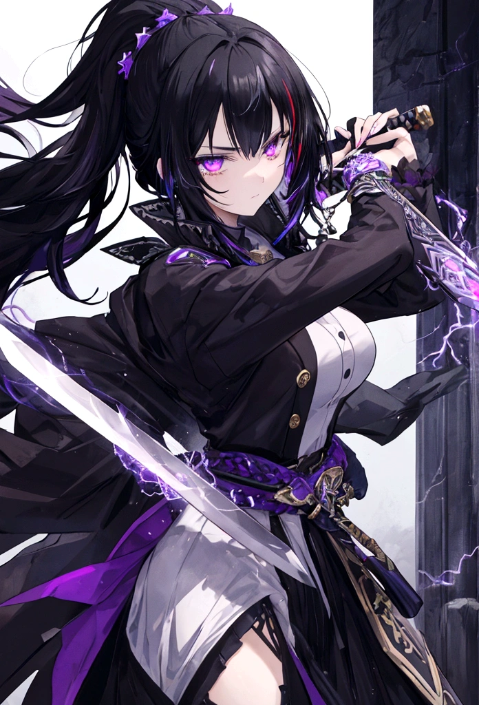 a woman with black hair and white streaks with sad expression holding a large purple sword, detailed eyes, detailed sword, cinematic lightning
