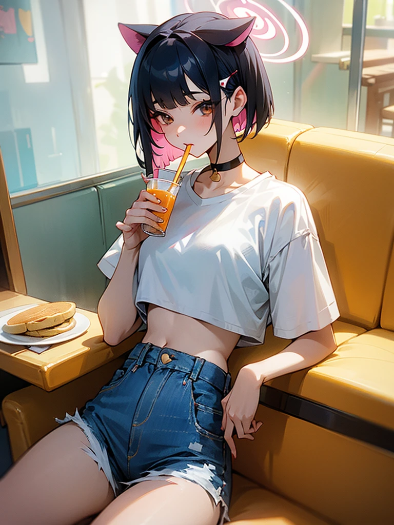 Girl drinking tapioca juice、There are pancakes on the table、one person、Sit on a chair in a cafe、outside、Fashionable clothes、Date Clothes、In town, Crop top, Denim shorts, choker