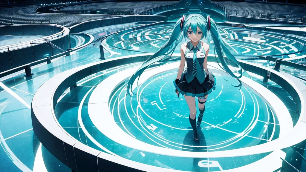 An image depicting Hatsune Miku traveling through the labyrinth of doubt。She&#39;s fighting the shadows、Moving towards hope for the future。With a thunderous bass line in the background、There is a bright light that represents hope.、It expresses a powerful figure that paves the way to the future.。