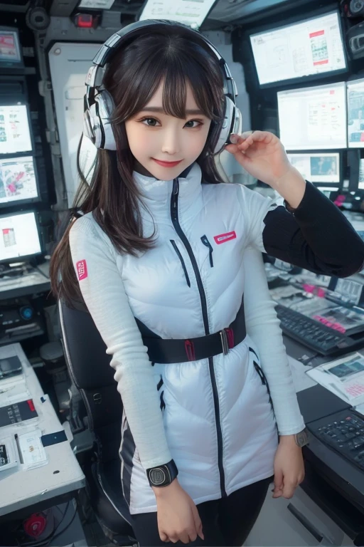 masterpiece, highest quality, Very detailed, 8K Portrait,Japanese Android Girl,plump , Control panel,Robotic arms and legs, Blunt bangs,,break (Metallic Gray, Metallic luster, Mirror finish, Astro Best):5,headphone:5,break (Black sleeves):100,Smart Watches,Futuristic space station,Control Room,break headphone,blue eyes,(Black Hair):2,(Long Hair):1.3,Displaying the viewer,(respirator),break blush:3,Hidden Hand,smile