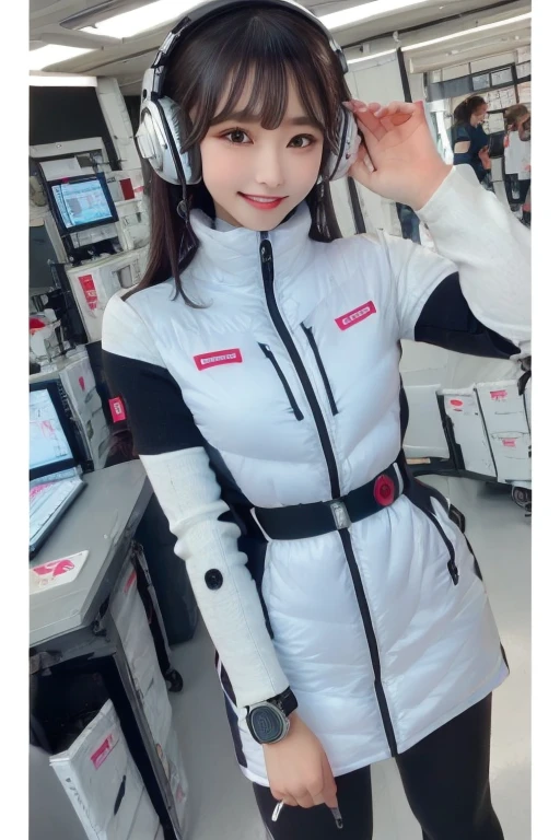 masterpiece, Highest quality, Very detailed, 8K Portrait,Japanese Android Girl,plump , Control panel,Robotic arms and legs, Blunt bangs,,break (Metallic Gray, Metallic luster, Mirror finish, Astro Best):5,headphone:5,break (Black sleeves):100,Smart Watches,Futuristic space station,Control Room,break headphone,blue eyes,(Black Hair):2,(Long Hair):1.3,Displaying the viewer,(respirator),break blush:3,Hidden Hand,smile