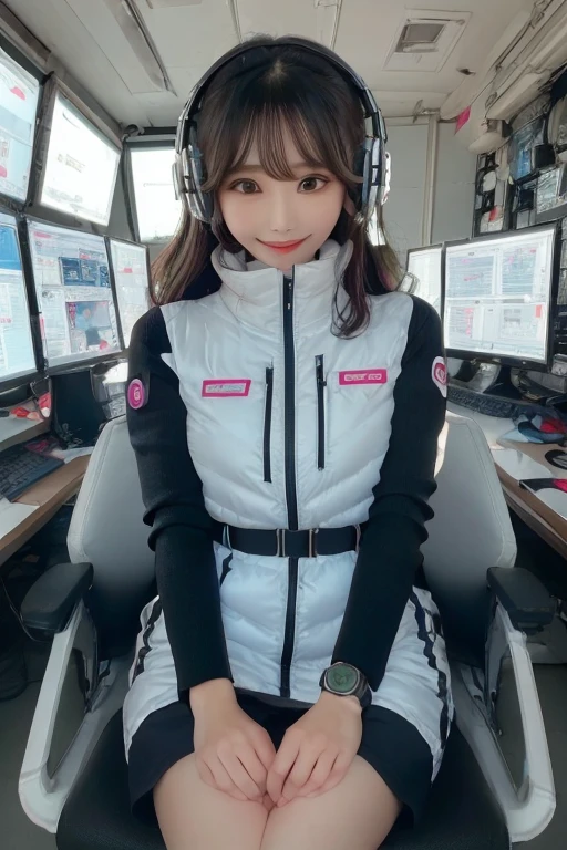 masterpiece, highest quality, Very detailed, 8K Portrait,Japanese Android Girl,plump , Control panel,Robotic arms and legs, Blunt bangs,,break (Metallic Gray, Metallic luster, Mirror finish, Astro Best):5,headphone:5,break (Black sleeves):100,Smart Watches,Futuristic space station,Control Room,break headphone,blue eyes,(Black Hair):2,(Long Hair):1.3,Displaying the viewer,(respirator),break blush:3,Hidden Hand,smile