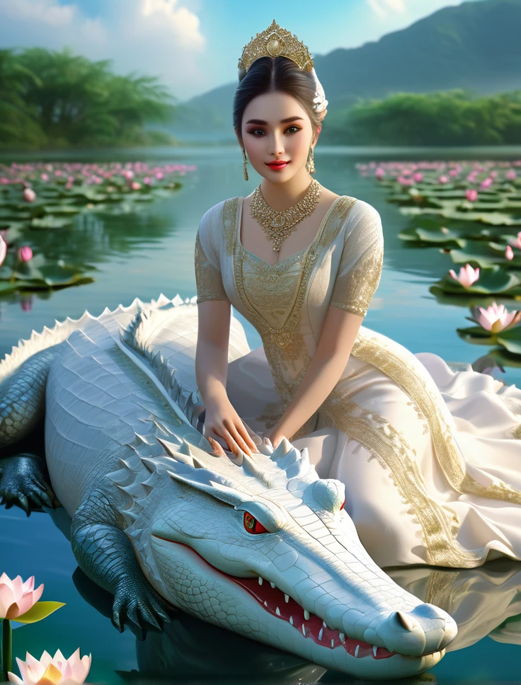 a beautiful woman with a white crocodile, sitting by a serene lake surrounded by lotus flowers, extremely detailed eyes and face, long eyelashes, ornate dress, elegant pose, dramatic lighting, vibrant colors, cinematic composition, breathtaking scenery, detailed water reflection, mystical atmosphere, (best quality,4k,8k,highres,masterpiece:1.2),ultra-detailed,(realistic,photorealistic,photo-realistic:1.37)