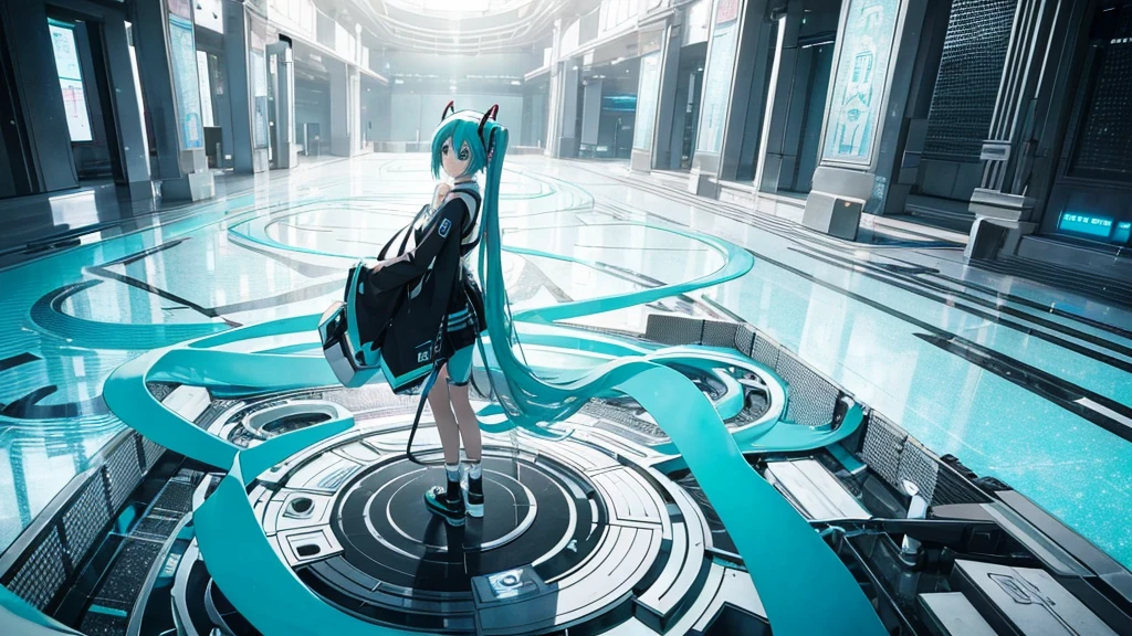 An image depicting Hatsune Miku traveling through the labyrinth of doubt。She's fighting the shadows、Moving towards hope for the future。With a thunderous bass line in the background、There is a bright light that represents hope.、It expresses a powerful figure that paves the way to the future.。
