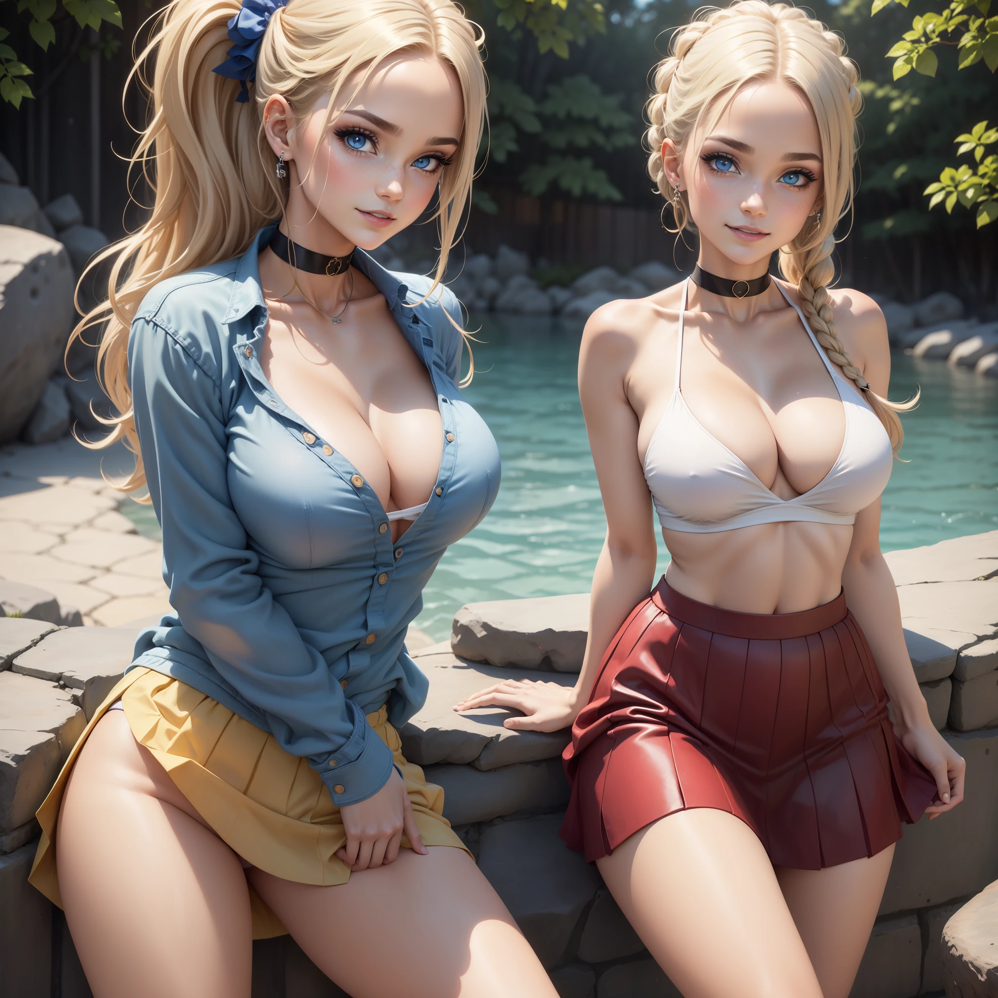 One finnish college school girl, 18 years old, wearing a unbuttoned shirt, red, wearing a very short skirt, yellow, knee high socks, white, zoom into butt, medium blonde hair, braided pony tails, messy hair, professional make up, light freckles on her face, natural lighting, realistic illustration, medium large breasts, perfect butt, perfect breasts, blue eyes, diamond earrings, choker necklace, bracelets, nice face, soft facial features, inviting smile, exposed butt cheeks, focus on butt, looking at viewer, cute smile, butt picture, beautiful butt, bikini top, slightly open mouth, glitter makeup, eye liner, earrings, choker necklace, view from behind, big butt, sexy poses, view from below, view from under butt, looking up at butt