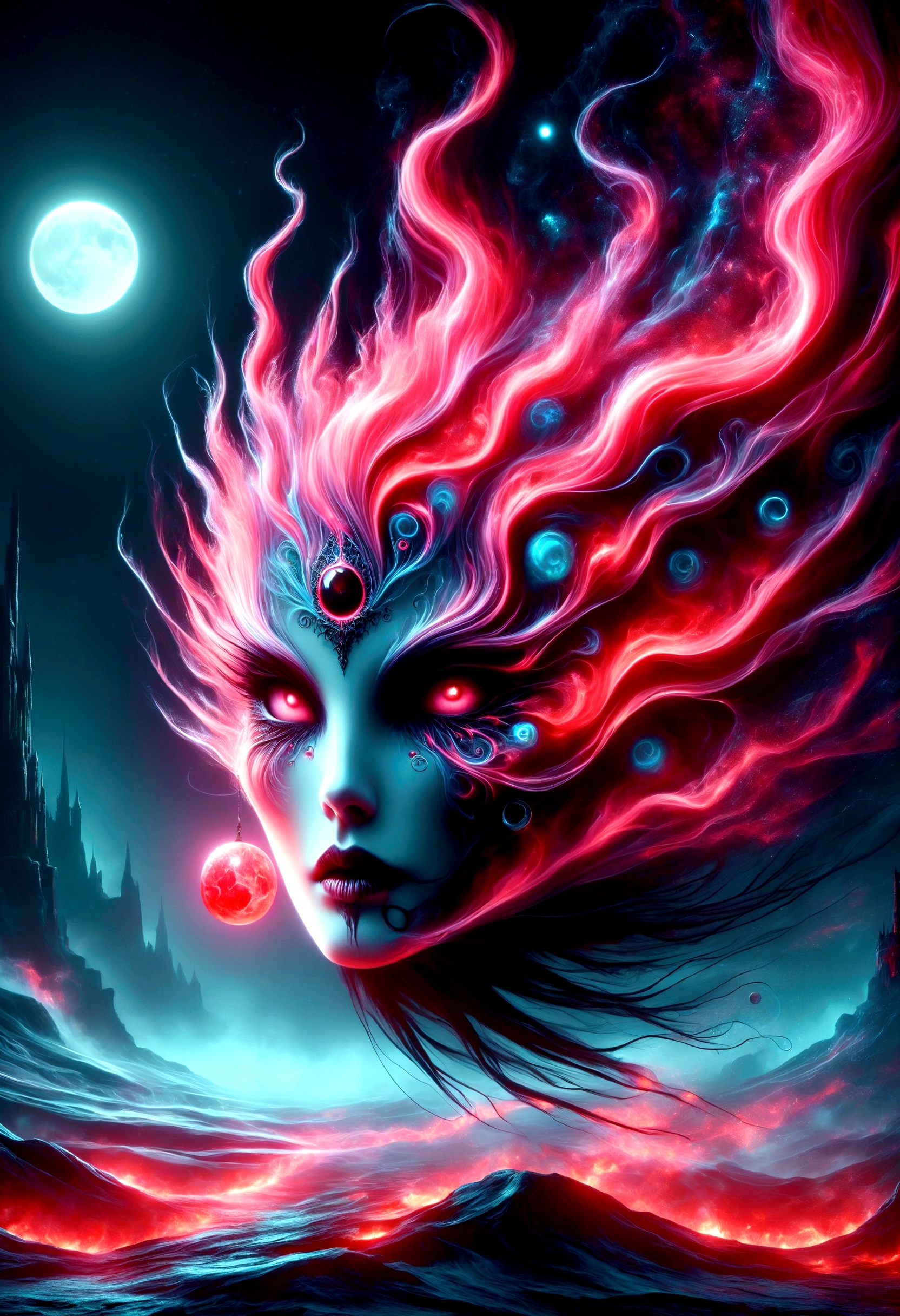 Red female necromancer with a blood moon, featuring ray tracing, a masterpiece, and the highest quality. Capture the essence of the character in her detailed eyes, mesmerizing lips, and face. Add elements of surrealism and darkness to enhance the atmosphere. The artwork should showcase the highest level of detail and resolution, with an emphasis on realism and photorealism. Use sharp focus and professional techniques to bring out the intricate features of the necromancer. Incorporate vibrant colors, neon lights, and particle effects to create a visually stunning composition. Illuminate the scene with the best lighting techniques, highlighting the character's presence and creating a sense of depth and mystique.