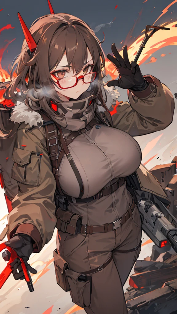 brown and gray sniper girl wearing brown militray suit,Huge Breasts,ruins,red glasses,fire,Thick smoke