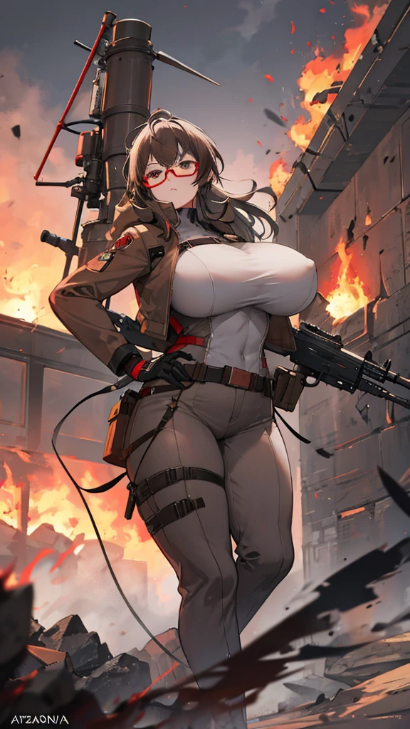 brown and gray sniper girl wearing brown militray suit，Huge Breasts，ruins，red glasses，fire，Thick smoke