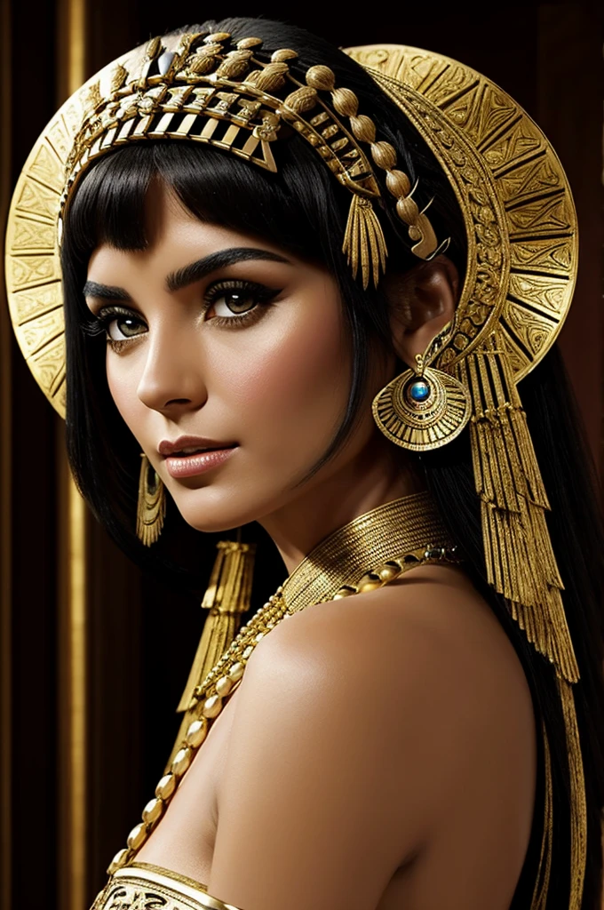 Cleopatra muy hermosa en tonos dorados resplandecientes, imagen Ultra realista, epico