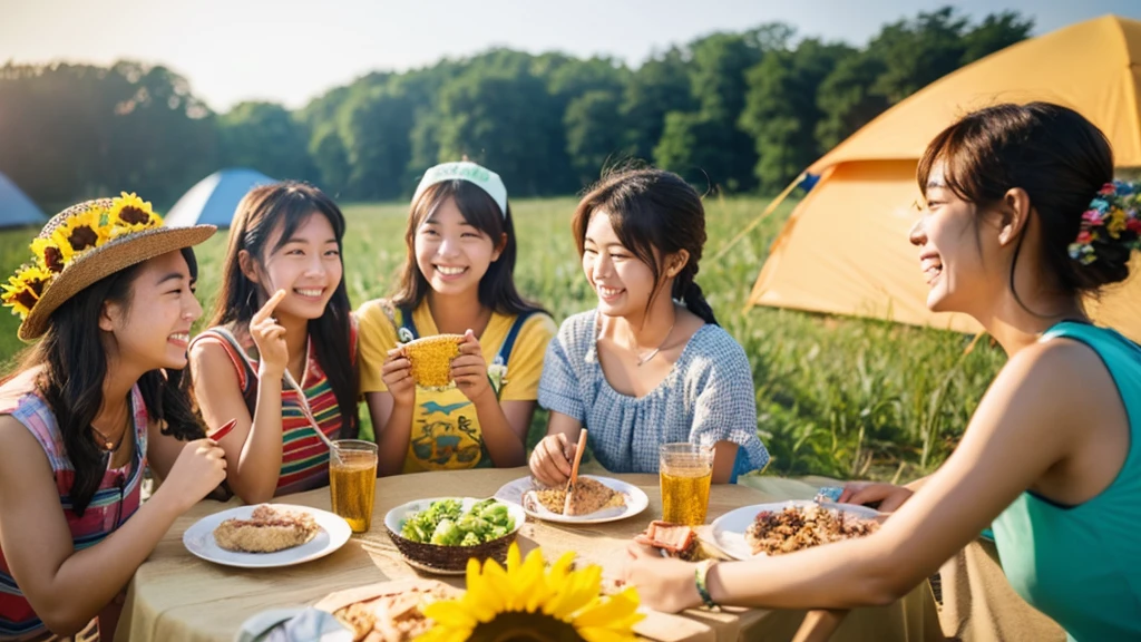 Seaside camping、Summer Camp、Four Girls、Around the bonfire、smile、Sunflower Hair Ornament、Photorealistic、4K.