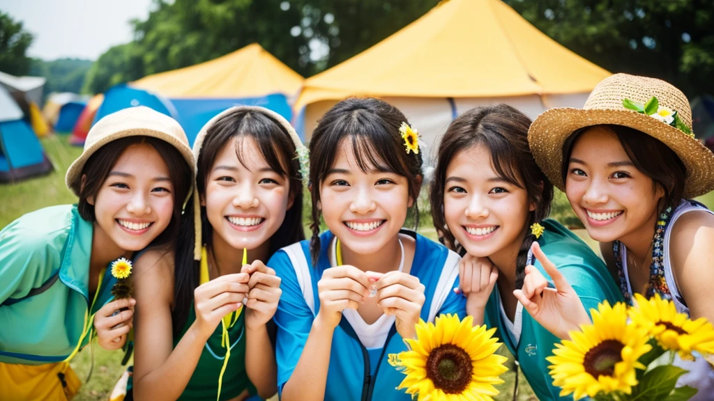 Seaside camping、Summer Camp、Four Girls、Around the bonfire、smile、Sunflower Hair Ornament、Photorealistic、4K.