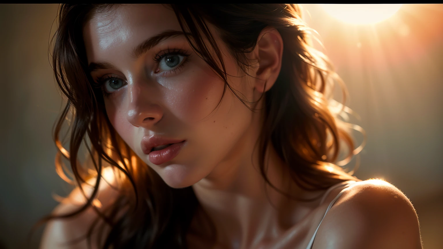 (((ultra realistic))) Photo, masterpiece, top quality, (pale skin), (Ultra detailed face and eyes:1.3), 1 girl, Adult, in a T-shirt, (Eye makeup, mascara) , ((large detailed lips)), ((ash wavy hair)), ((Chyolka)) , (Natural breasts), Slim waist. ((Posing)), photoshoot, studio (soft lighting), (The play of light and shadows), depth of field, bokeh, (special attention to skin detail: 1.2), Detailed leather texture, skin pores. (Airy atmosphere of the frame. Color range - delicate, Bright, white, Pink tones), UDR, ((Film grain)), ((rays)), ((glare of the sun)), ((waist up portrait, close to the camera)) , ultra detialed, 