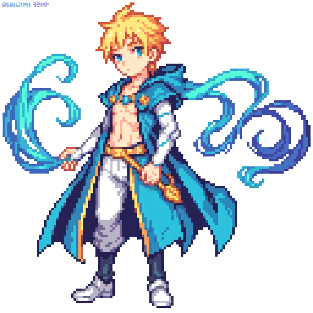 masterpiece , best quality , pixel art 64x64, 1 boy , fantasy clothes , full body , white background , hero , two-head figure , deformed 