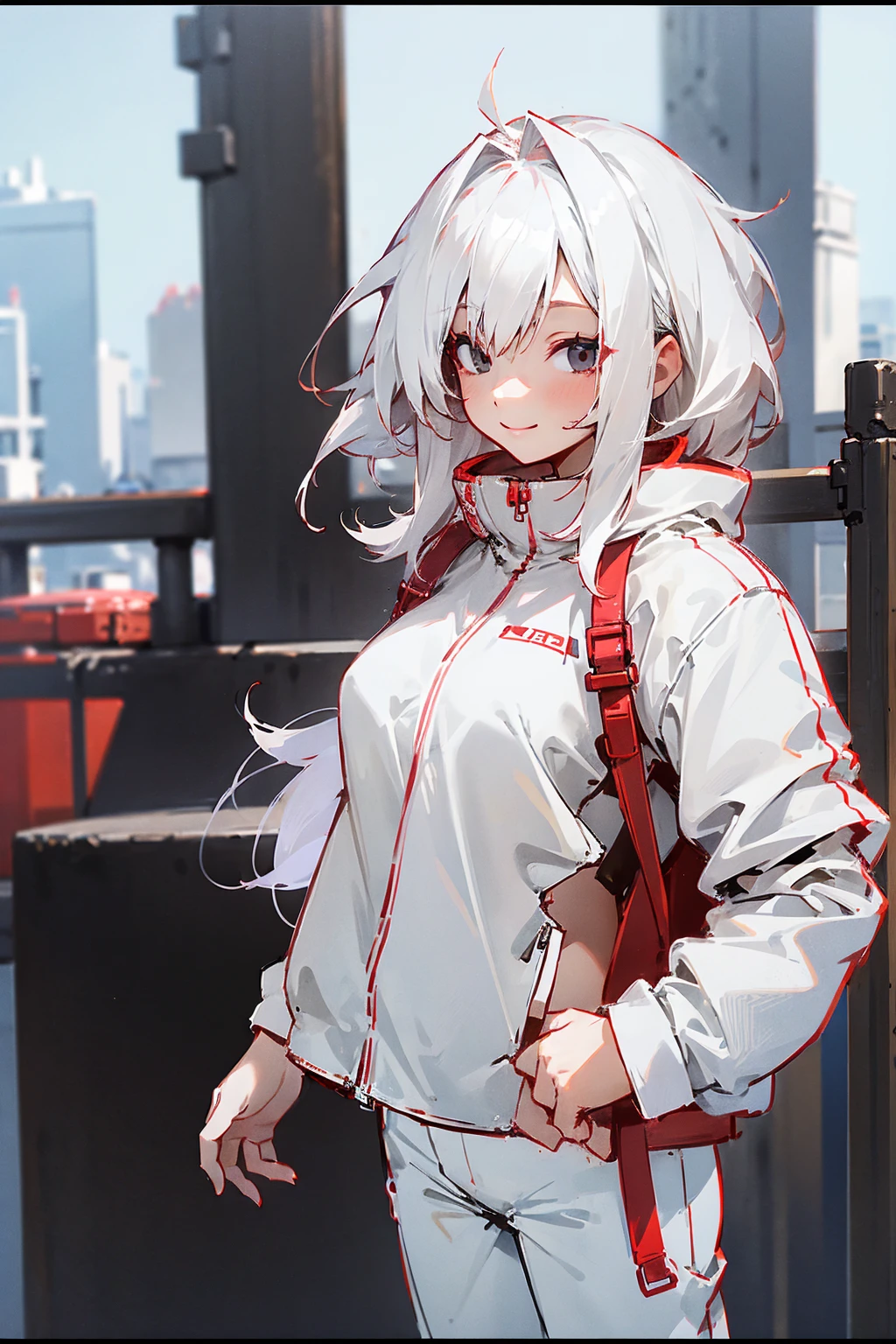 1female, white hair, red oumbre hair, two toned hair, black eyes, smiling, white undershirt, red baggy jacket, white pants, city background, detailed background, hands to side, standing on path