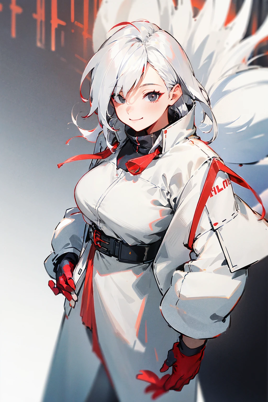 1female, white hair, red oumbre hair, two toned hair, black eyes, smiling, white undershirt, red baggy jacket, white pants, city background, detailed background, hands to side, standing on path