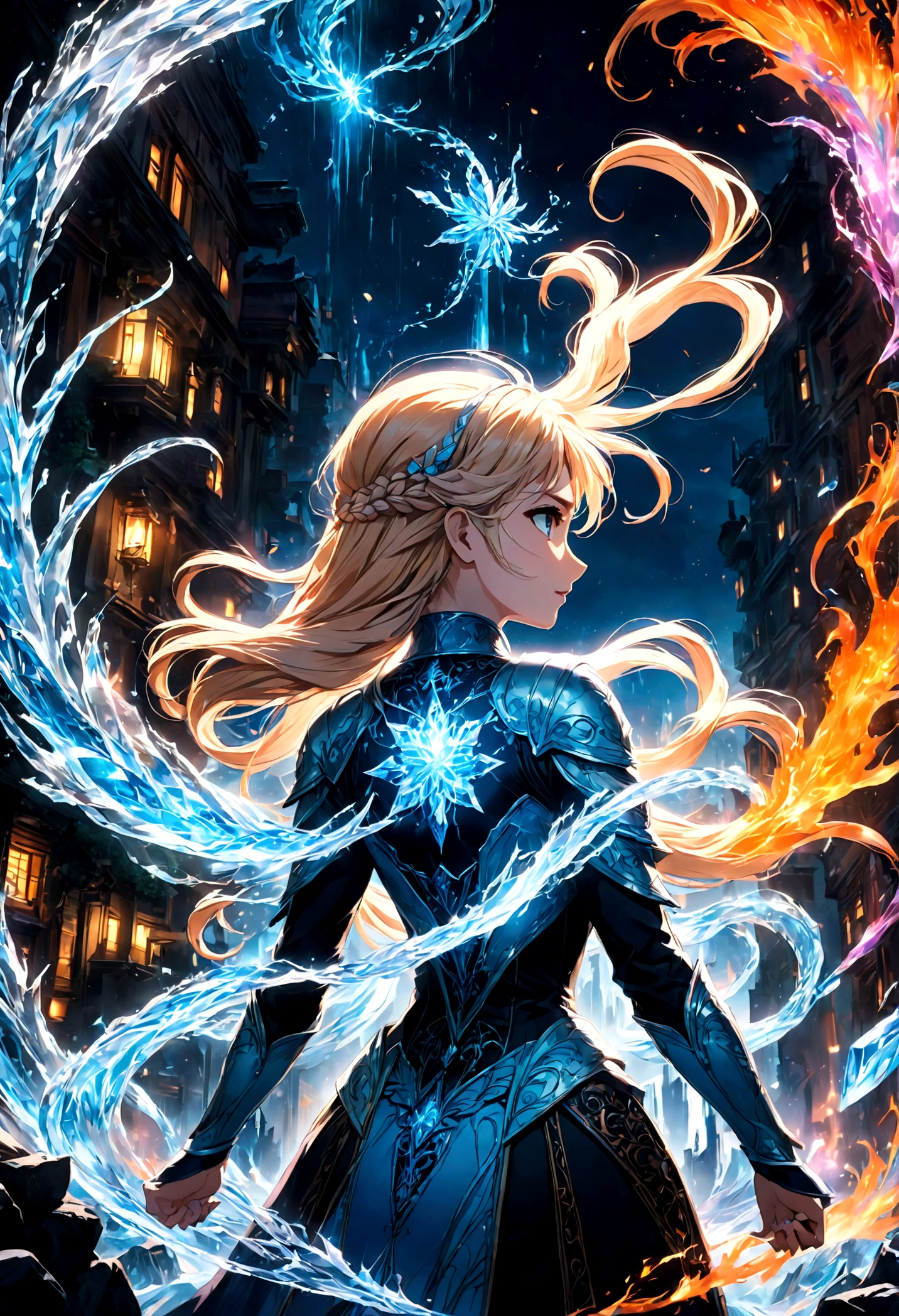 1girl, elsa, braided hair, long hair, (Back View:1.4), outdoor, cityscape, magic, fighting stance, ice, ice magic, anime screenshot, source_anime, dramatic composition, cinematic dynamic action scene, vibrant colors, cinematic lighting, dramatic lighting, best quality, masterpiece, very aesthetic, perfect composition, intricate details, ultra-detailed