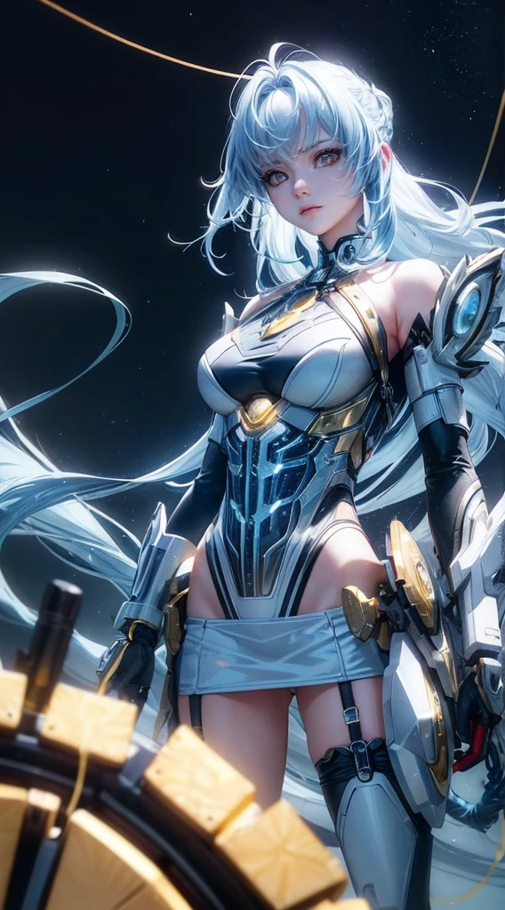 top-quality、masterpiece、超A high resolution、(Photorealsitic:1.4)、1 girl、Light blue hair、Straight hair, shiny and clean hair、White shiny skin、Sexy Cyberpunk Girl、((super realistic details))、Shadow、octan render、ultrasharp、hyperdetailed face、Fiberglass、Luminous tube、highly intricate detail、Realistic light、CGSoation Trends、((Golden Eyes))、(Facing the camera)、neon details、Mechanical limbechanical vertebrae attached to the back、mechanical cervical attaching to neck、Wires and cables connecting to the head、((valkyrie))、((Beam Cannon))、Combat stance、cosmic space