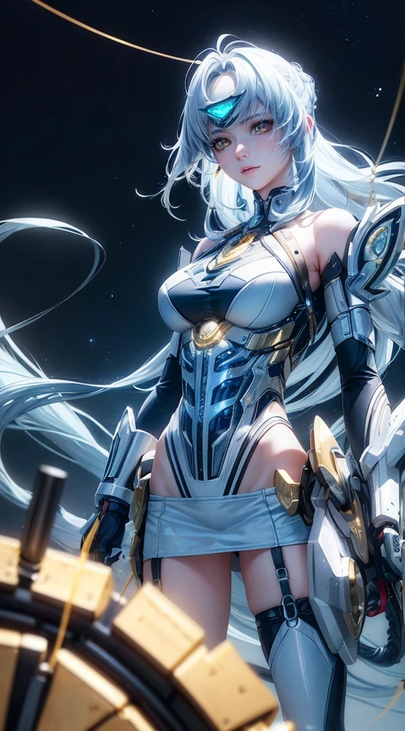 top-quality、masterpiece、超A high resolution、(Photorealsitic:1.4)、1 girl、Light blue hair、Straight hair, shiny and clean hair、White shiny skin、Sexy Cyberpunk Girl、((super realistic details))、Shadow、octan render、ultrasharp、hyperdetailed face、Fiberglass、Luminous tube、highly intricate detail、Realistic light、CGSoation Trends、((Golden Eyes))、(Facing the camera)、neon details、Mechanical limbechanical vertebrae attached to the back、mechanical cervical attaching to neck、Wires and cables connecting to the head、((valkyrie))、((Beam Cannon))、Combat stance、cosmic space