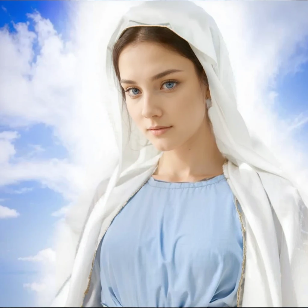 Holy Mary, Long black hair, perfect face, gray-blue eyes. Dressed in a blue tunic with wide, long sleeves, adjusted at the waist by an interlaced white sash 