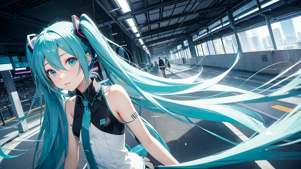 An image depicting Hatsune Miku traveling through the labyrinth of doubt。She's fighting the shadows、Moving towards hope for the future。With a thunderous bass line in the background、There is a bright light that represents hope.、It expresses a powerful figure that paves the way to the future.。