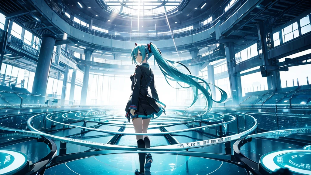 An image depicting Hatsune Miku traveling through the labyrinth of doubt。She's fighting the shadows、Moving towards hope for the future。With a thunderous bass line in the background、There is a bright light that represents hope.、It expresses a powerful figure that paves the way to the future.。