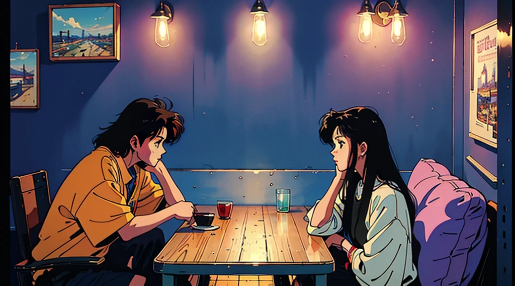 Anime style illustration of a young Japanese woman with short dark hair and bangs, sipping red wine from a glass. She's wearing a sensual, elegant dress with floral patterns and she's looking at views. The scene is set in a dimly lit, cozy room with warm orange tones. A table lamp and wine bottles are visible in the background. The style evokes 1980s Japanese aesthetics with a modern, sophisticated twist.