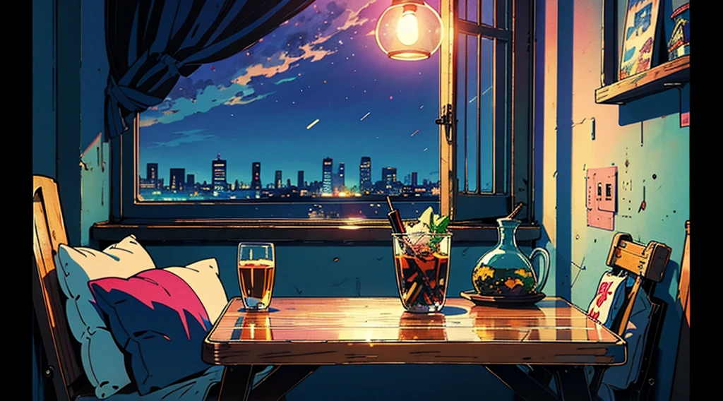(((Movie angle))), Bed in a room with bookshelves, Night sky outside the window, City outside the window, Bedside tables, Table lamp, Socks scattered on the floor, Cushions on the floor, (Tabletop:1.5, highest quality:1.5), ((Vaporwave Style, Partially colored)), (((vanilla))), Retro Anime, 1990s anime, 1980s anime, Retro Anime style, masterpiece, highest quality, Beautiful Anime, (ultra-Detailed Background, Detailed Background), High resolution, Very detailed, Lo-fi illustration, anime art wallpaper 4k, anime art wallpaper 4k,