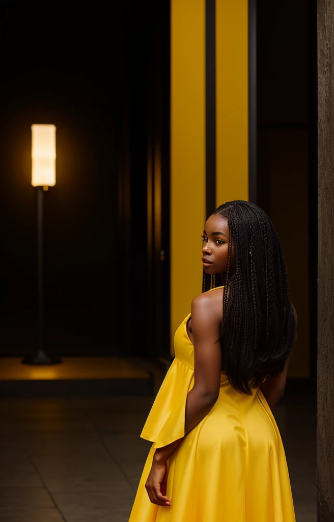 Photorealistic fashion picture of a black woman wearing a yellow dress