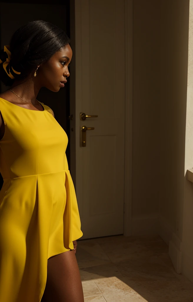 Photorealistic fashion picture of a black woman wearing a yellow dress