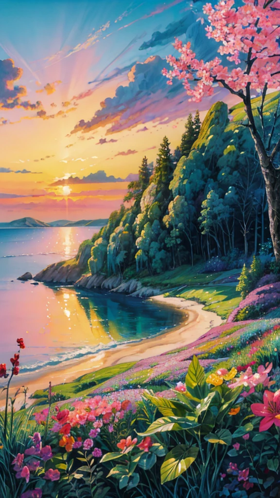 a painting of a sunset over a body of water, colorful landscape painting, floral sunset, vibrant gouache painting scenery, which shows a beach at sunset, dream scenery art, magical colorful flowers, scenic colorful environment, beautiful fantasy painting, nature wallpaper, romanticism landscape painting, beautiful art uhd 4 k, beautiful color art!, fantasy sea landscape, nature painting, fantasy landscape painting
