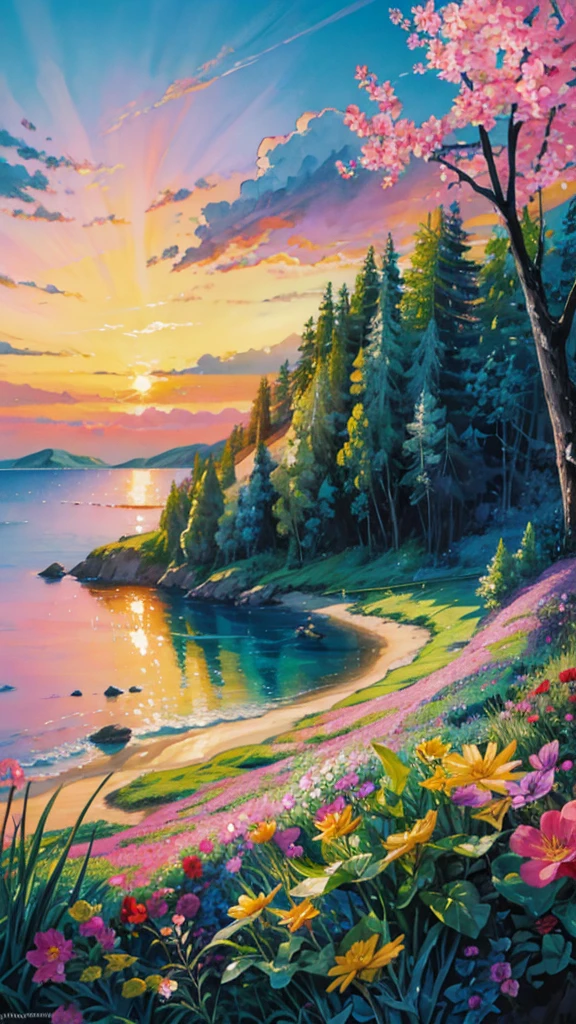 a painting of a sunset over a body of water, colorful landscape painting, floral sunset, vibrant gouache painting scenery, which shows a beach at sunset, dream scenery art, magical colorful flowers, scenic colorful environment, beautiful fantasy painting, nature wallpaper, romanticism landscape painting, beautiful art uhd 4 k, beautiful color art!, fantasy sea landscape, nature painting, fantasy landscape painting