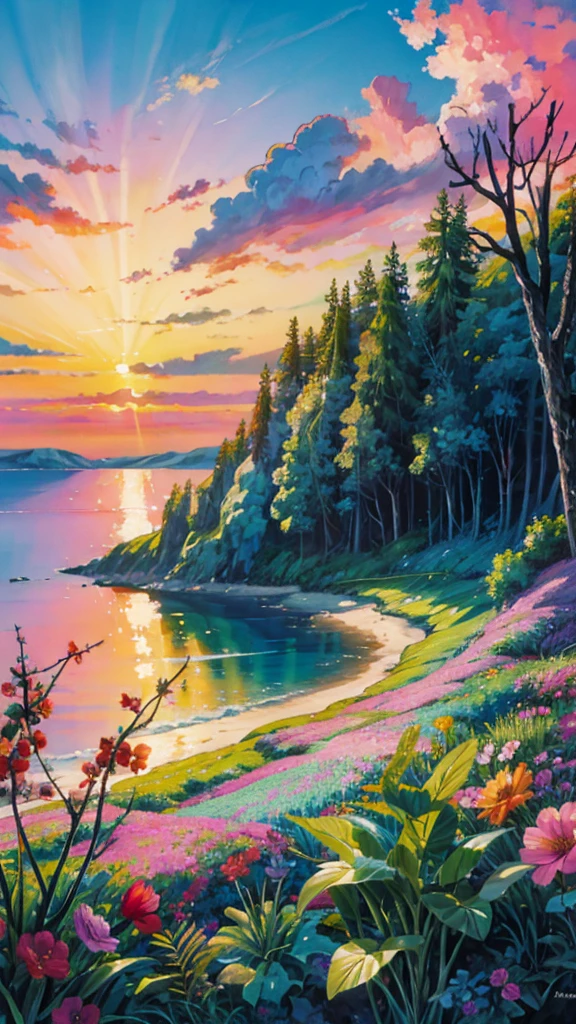 a painting of a sunset over a body of water, colorful landscape painting, floral sunset, vibrant gouache painting scenery, which shows a beach at sunset, dream scenery art, magical colorful flowers, scenic colorful environment, beautiful fantasy painting, nature wallpaper, romanticism landscape painting, beautiful art uhd 4 k, beautiful color art!, fantasy sea landscape, nature painting, fantasy landscape painting