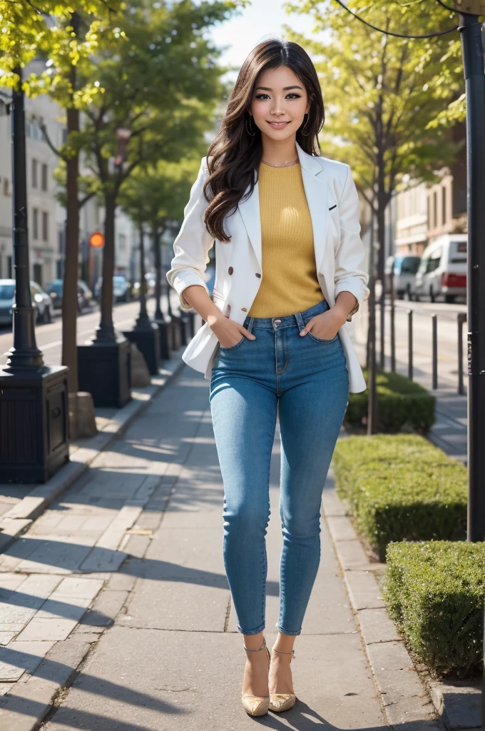 Create an image of a young woman aged 20 with a mix of Asian and Spanish heritage, standing or walking in an urban setting or a scenic outdoor location. She should be dressed stylishly and exuding confidence and motivation. The background should be vibrant and inspiring, suggesting a fresh start and new possibilities. The overall vibe should be energetic and motivational.