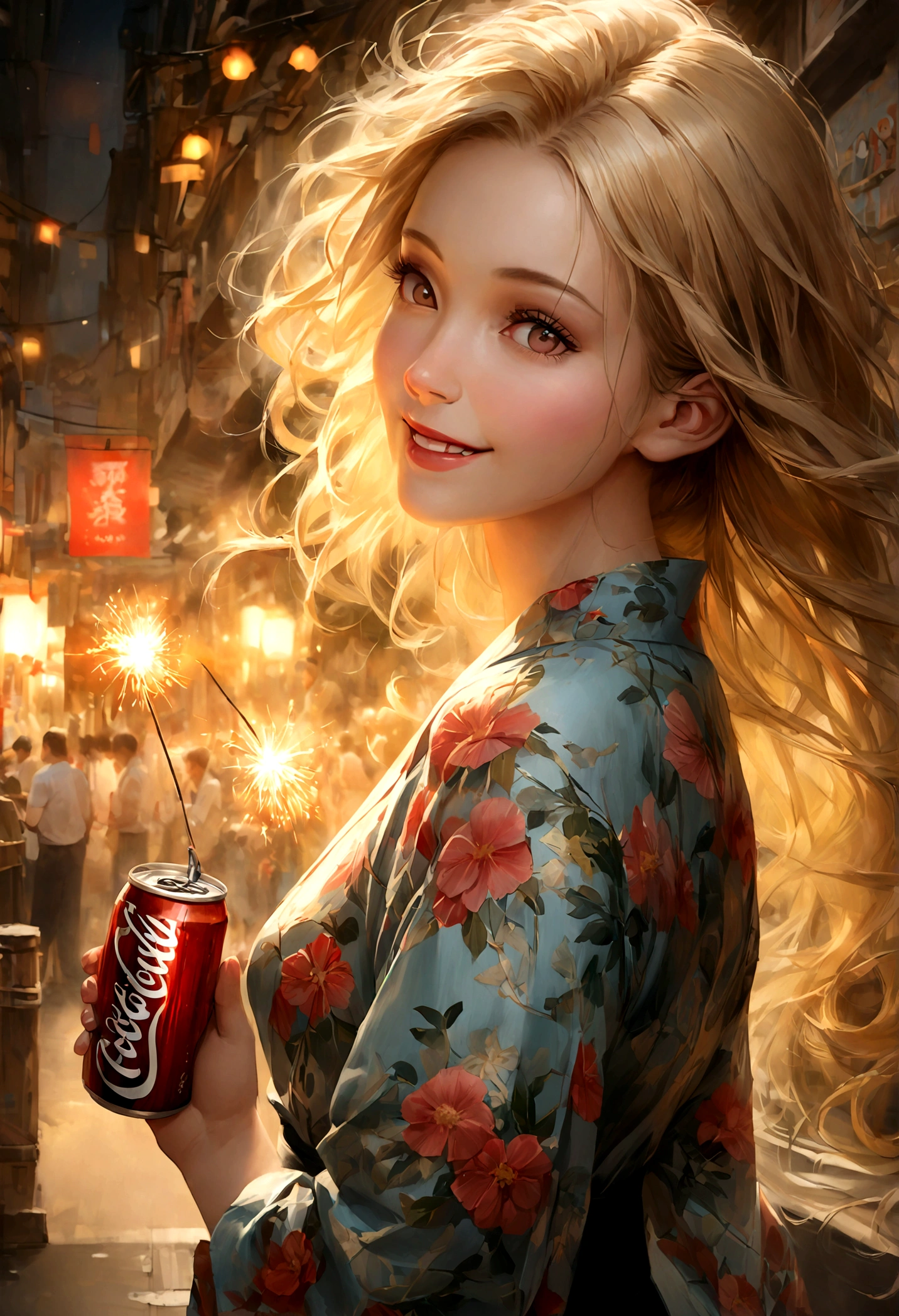 (8k、Raw photo、highest quality、masterpiece:1.2)、(Realistic、Photorealistic:1.37)、Ultra-detailed、超A high resolution、1 girl、Seeing the viewer、Beautifully detailed face、Laughter、narrow、(Slim waist) :1.3)、Beautifully detailed skin、Skin Texture、Floating Hair、Professional Lighting、Human whole body、Long Hair、Blonde、Floral Yukata、festival、On the street、Sparkler、Bob Hair、Bright smile、(holding a can of coca cola:1.2)