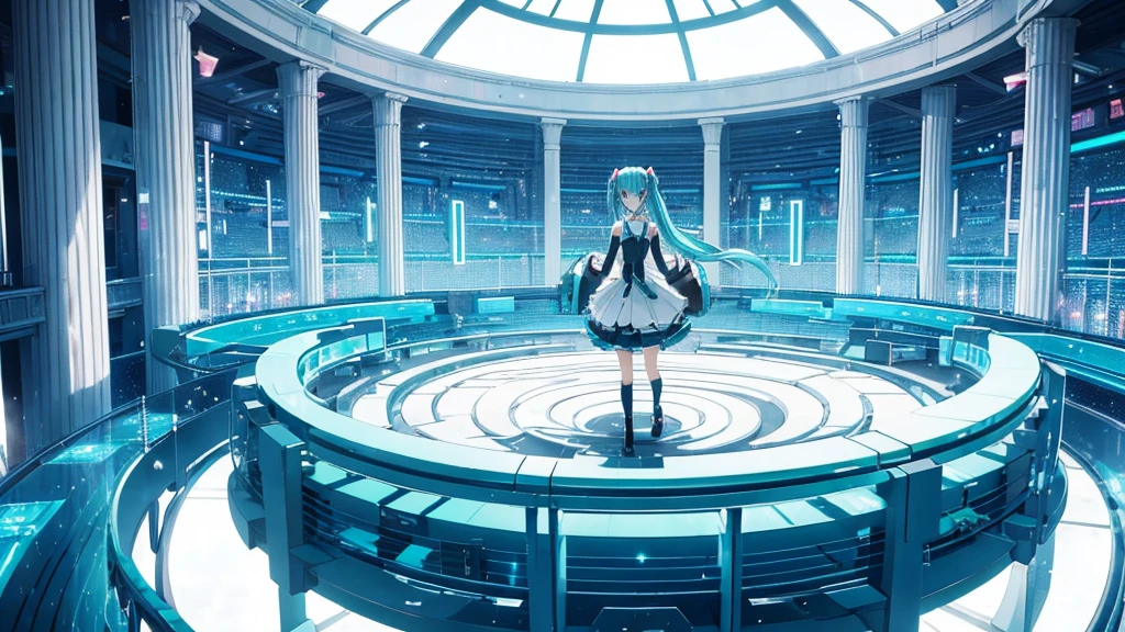 An image depicting Hatsune Miku traveling through the labyrinth of doubt。She's fighting the shadows、Moving towards hope for the future。With a thunderous bass line in the background、There is a bright light that represents hope.、It expresses a powerful figure that paves the way to the future.。