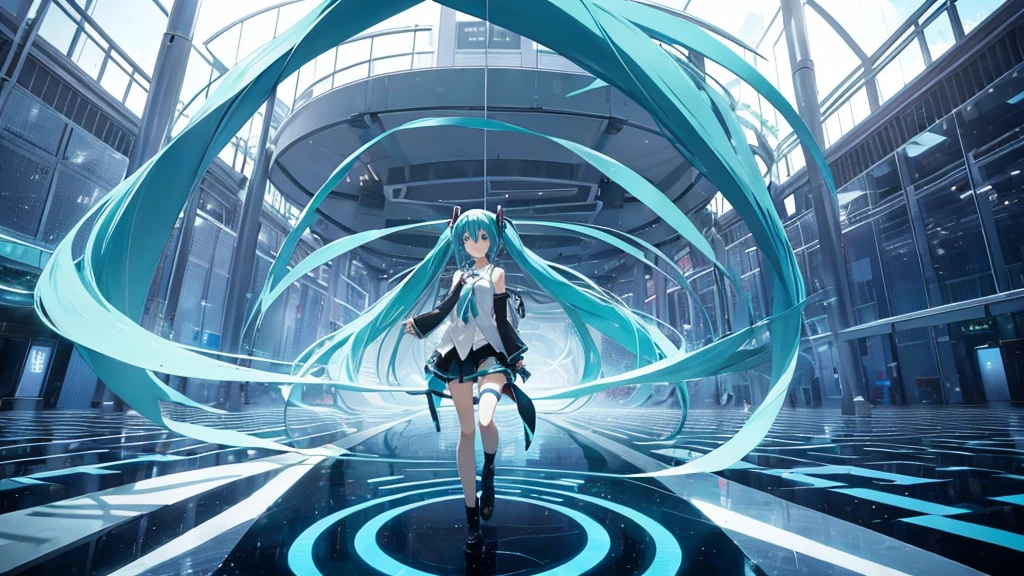 An image depicting Hatsune Miku traveling through the labyrinth of doubt。She's fighting the shadows、Moving towards hope for the future。With a thunderous bass line in the background、There is a bright light that represents hope.、It expresses a powerful figure that paves the way to the future.。