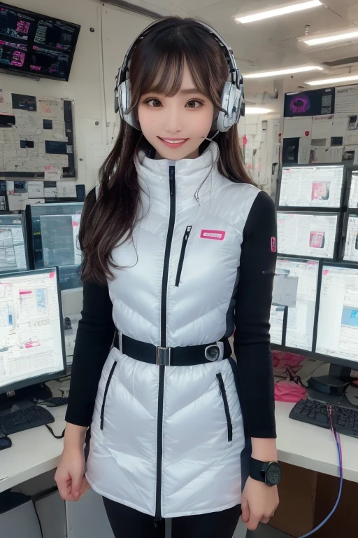 masterpiece, highest quality, Very detailed, 8K Portrait,Japanese Android Girl,plump , Control panel,Robotic arms and legs, Blunt bangs,,break (Metallic Gray, Metallic luster, Mirror finish, Astro Best):5,headphone:5,break (Black sleeves):100,Smart Watches,Futuristic space station,Control Room,break headphone,blue eyes,(Black Hair):2,(Long Hair):1.3,Displaying the viewer,(respirator),break blush:3,Hidden Hand,smile