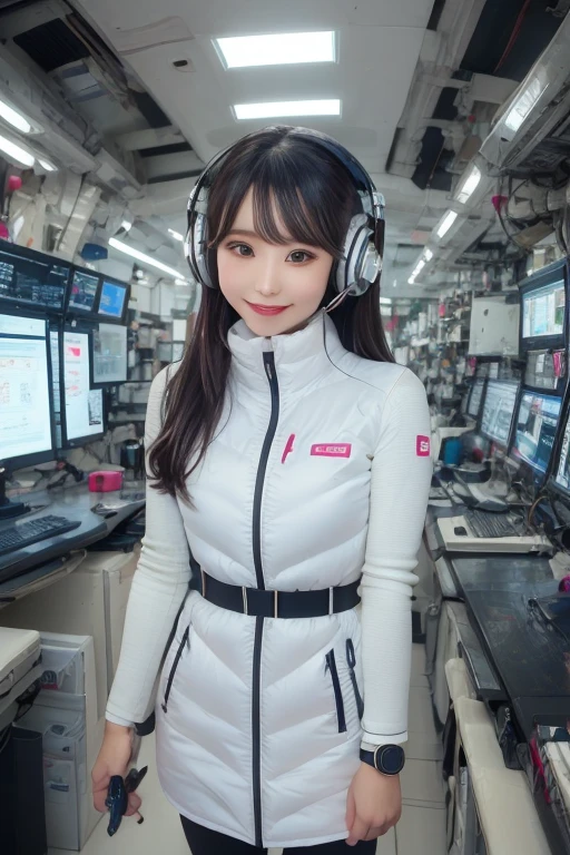 masterpiece, highest quality, Very detailed, 8K Portrait,Japanese Android Girl,plump , Control panel,Robotic arms and legs, Blunt bangs,,break (Metallic Gray, Metallic luster, Mirror finish, Astro Best):5,headphone:5,break (Black sleeves):100,Smart Watches,Futuristic space station,Control Room,break headphone,blue eyes,(Black Hair):2,(Long Hair):1.3,Displaying the viewer,(respirator),break blush:3,Hidden Hand,smile