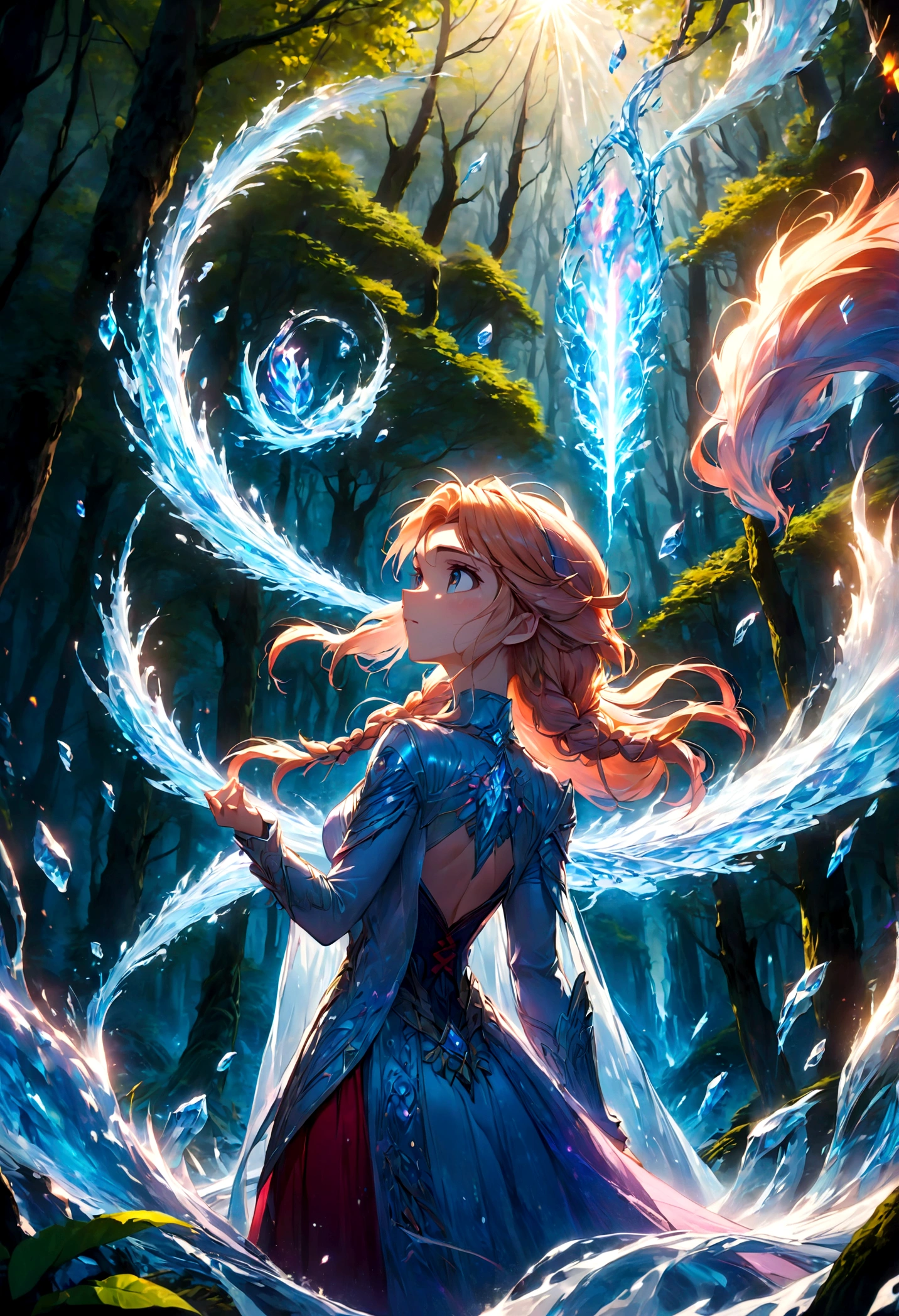 1girl, elsa, braided hair, long hair, dress, (Back View:1.4), outdoor, forest, magic, fighting stance, ice, ice magic, anime screenshot, source_anime, dramatic composition, cinematic dynamic action scene, vibrant colors, cinematic lighting, dramatic lighting, best quality, masterpiece, very aesthetic, perfect composition, intricate details, ultra-detailed