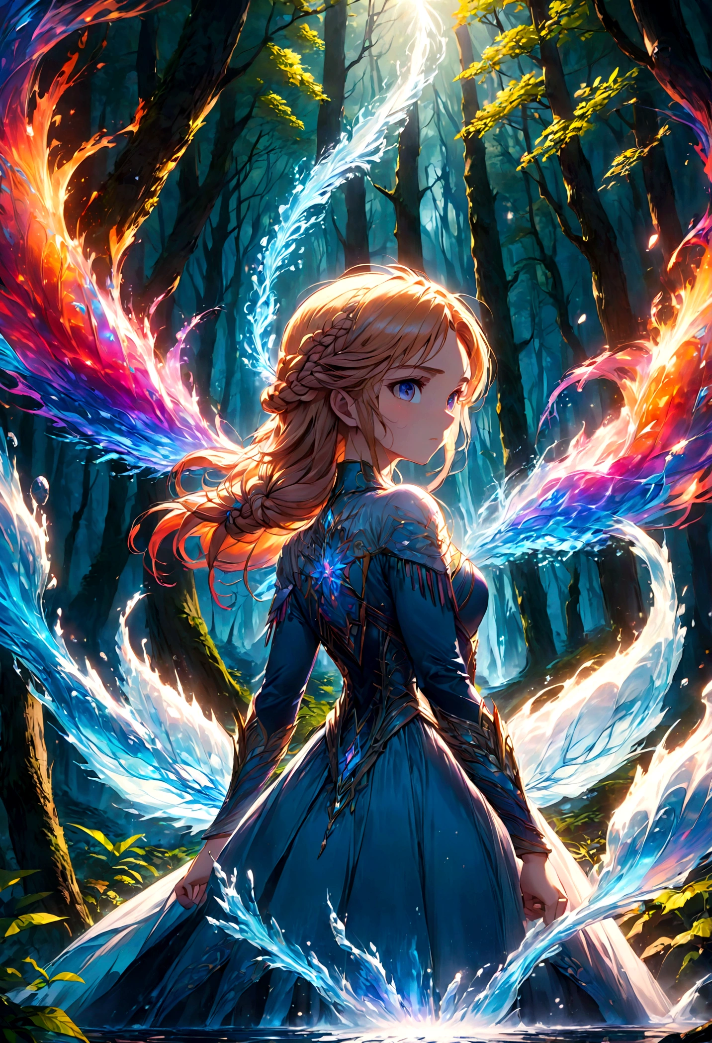 1girl, elsa, braided hair, long hair, dress, (Back View:1.4), outdoor, forest, magic, fighting stance, ice, ice magic, anime screenshot, source_anime, dramatic composition, cinematic dynamic action scene, vibrant colors, cinematic lighting, dramatic lighting, best quality, masterpiece, very aesthetic, perfect composition, intricate details, ultra-detailed