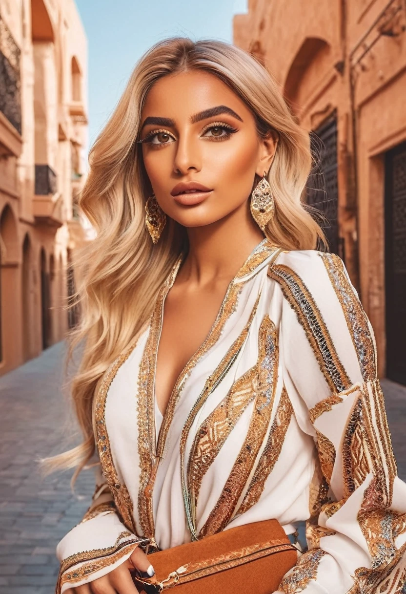 "Create an image of a blonde Instagram influencer with Arabic features. She has striking, expressive eyes, a radiant complexion, and is styled in a chic, modern outfit that reflects both contemporary fashion and subtle traditional elements. The setting is a stylish urban backdrop, emphasizing her vibrant personality and cultural elegance."