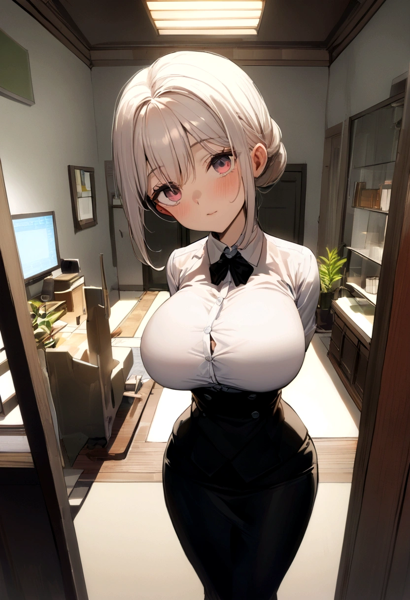 ((best quality)), ((masterpiece)), (familiar), (HD), (real), 8K, The best shadow, Side lighting, Movie、Low contrast、(complicated:1.4)、((An office lady standing in a half squat))、((Lift your butt))、, Business suit、(A pencil skirt、black)、(Close-up of a person'Hips:1.5)、((Rear view))、Photo、View from the rear ground looking up、(Bright office reception room)、((Large Breasts)))、(())