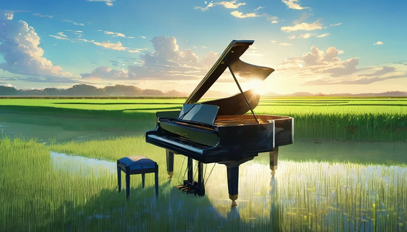 A grand piano placed on a bank in front of a Japanese rice field、The sky is a piercing blue.、Makoto Shinkai style touch、A grand piano placed on the bank in front of the rice fields、The piano is not submerged in water.