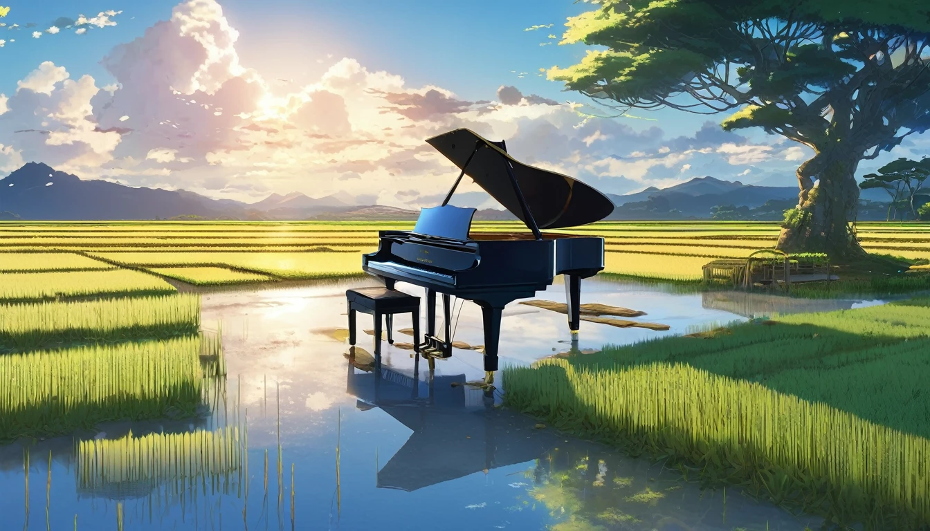 A grand piano placed on a bank in front of a Japanese rice field、The sky is a piercing blue.、Makoto Shinkai style touch、A grand piano placed on the bank in front of the rice fields、The piano is not submerged in water.