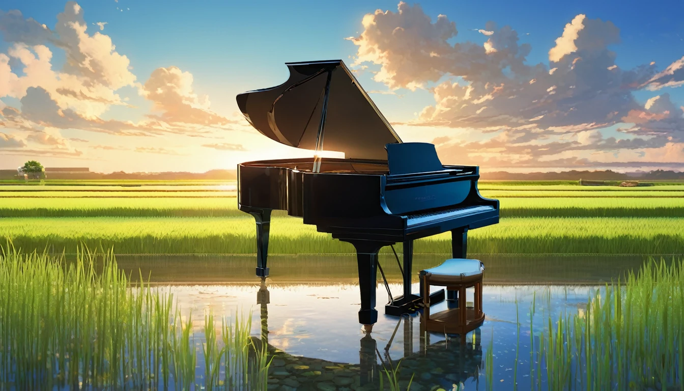 A grand piano placed on a bank in front of a Japanese rice field、The sky is a piercing blue.、Makoto Shinkai style touch、A grand piano placed on the bank in front of the rice fields、The piano is not submerged in water.