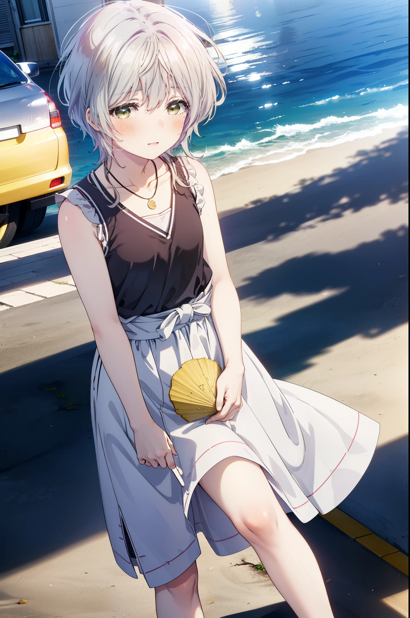 fuukakikuchi, fuuka kikuchi, 1Girl Girl,short hair, bangs, Hair between the eyes, (Green Eyes:1.3), Straw hat,Brown seashell necklace,Gray Hair,Black cardigan Front open,smile,blush,White vest,Red Tank Top,Shorts,Cute Sandals,whole bodyがイラストに入るように,Daytime,Clear skies,walking,morning,morning陽,The sun is rising,
break outdoors, Coastal Road,Sandy Beach,Building district,
break looking at viewer,whole body,Upper Body,
break (masterpiece:1.2), highest quality, High resolution, unity 8k wallpaper, (shape:0.8), (Fine and beautiful eyes:1.6), Highly detailed face, Perfect lighting, Highly detailed CG, (Perfect hands, Perfect Anatomy),