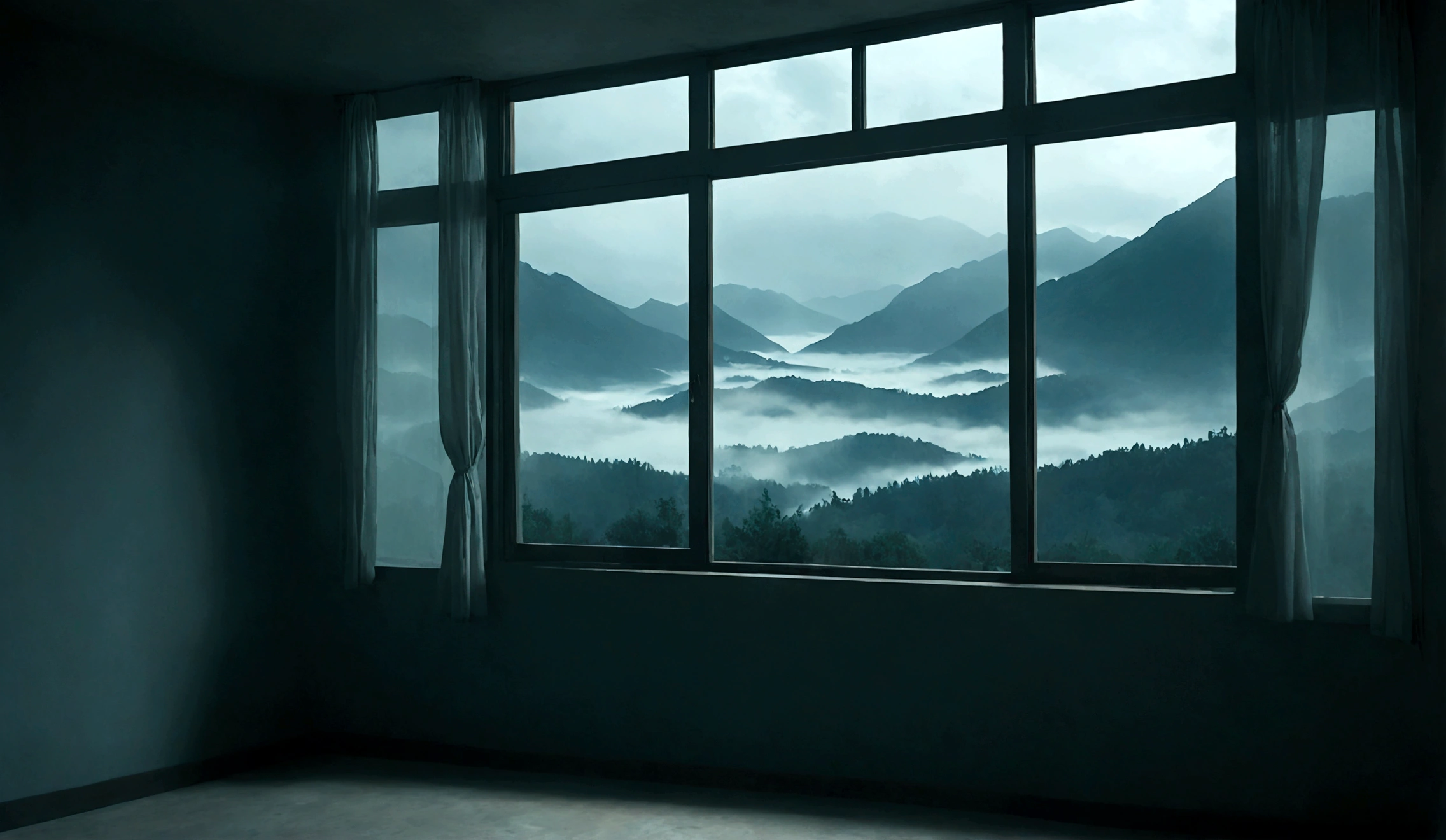 Create an illustration featuring a window with a view of distant mountains shrouded in mist, maintaining the same style, color palette, and atmospheric lighting as the provided reference image. The scene should be set in a dimly lit room with a somber, eerie ambiance suitable for a horror story.
The image should be in a 16:9 aspect ratio, with the window taking up approximately 60% of the image size. Ensure the window is centered, providing a clear view of the misty mountains outside. The room’s interior should have subtle details in the shadows, echoing the dim lighting and creating a sense of depth and mystery. The overall mood should remain consistent with the original image, emphasizing the contrast between the dark room and the slightly illuminated landscape outside.