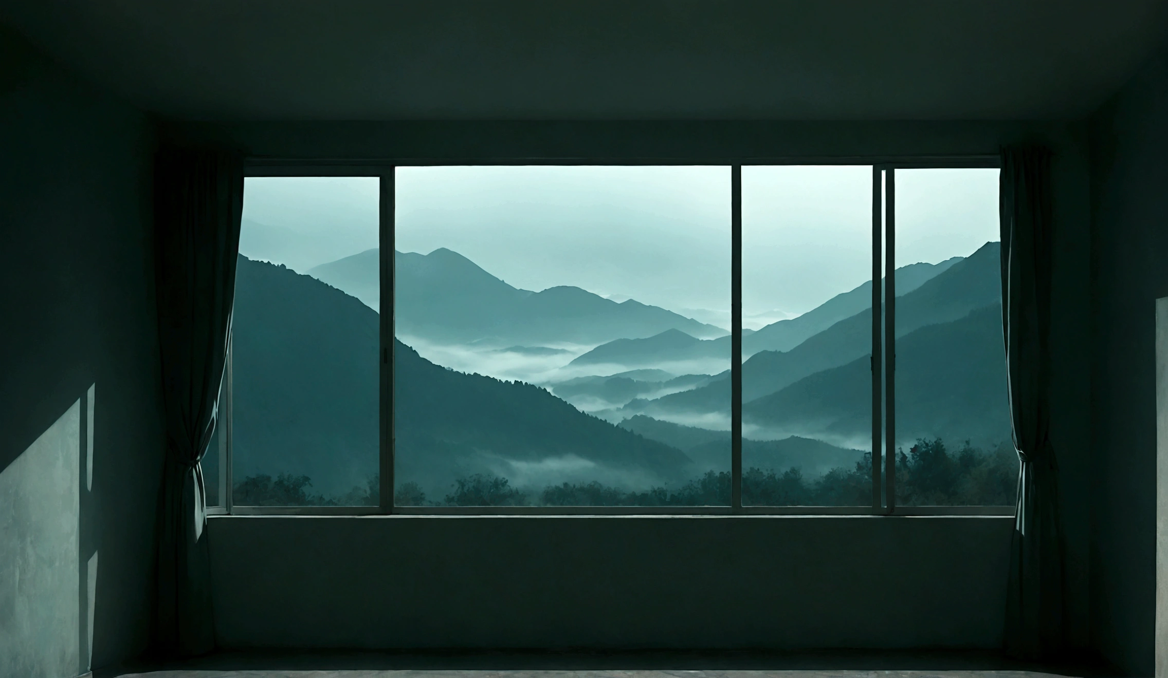 Create an illustration featuring a window with a view of distant mountains shrouded in mist, maintaining the same style, color palette, and atmospheric lighting as the provided reference image. The scene should be set in a dimly lit room with a somber, eerie ambiance suitable for a horror story.
The image should be in a 16:9 aspect ratio, with the window taking up approximately 60% of the image size. Ensure the window is centered, providing a clear view of the misty mountains outside. The room’s interior should have subtle details in the shadows, echoing the dim lighting and creating a sense of depth and mystery. The overall mood should remain consistent with the original image, emphasizing the contrast between the dark room and the slightly illuminated landscape outside.